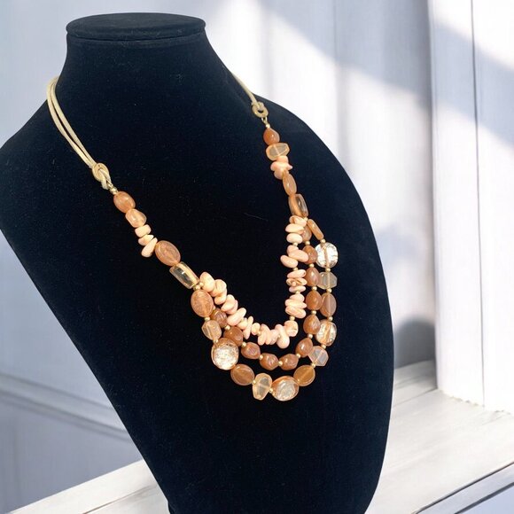 Multi-Layered Beaded Necklace Semi Precious Stones Glass Beads Leather Peach - Picture 2 of 6
